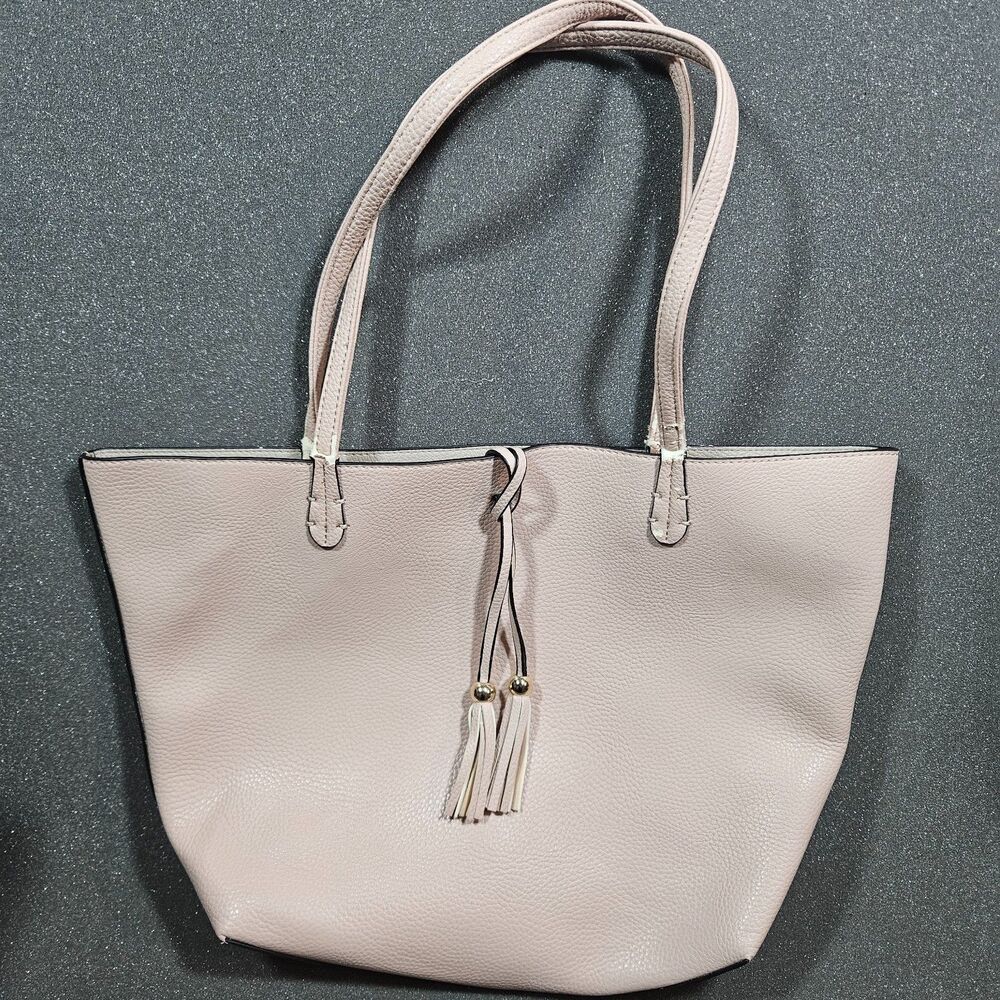 Blush Pink Reversible Tote Bag Tassel Accent Faux Leather Shoulder Purse